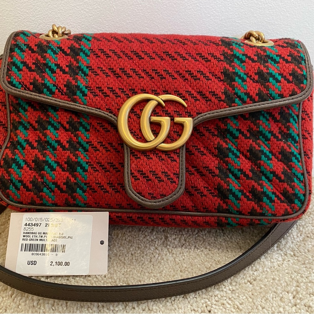 Gucci GG Marmont Wool Houndstooth Small Shoulder Bag - Red/Green